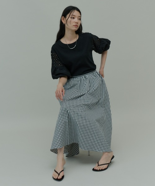 Plumel（プルメル）の「Gingham Check Gathered Long Skirt / ギンガムチェックギャザーロングスカート（スカート・レディース・ブラック・MEDIUM/LARGE）」の8枚目の写真