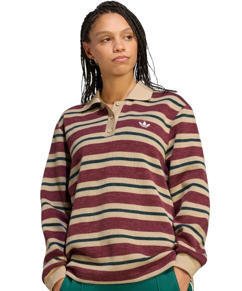 adidas(アディダス)の「adidas STRIPE KNITTED POLO / アディダス ストライプ ニット ポロ(ポロシャツ・レディース・レッド系その他・L/M/S)」の1枚目の写真