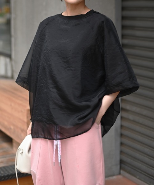 Marient（マリエント）の「[冷感]オーガンジーレイヤードハーフスリーブトップス（Tシャツ/カットソー・レディース・ブラック/ホワイト・FREE）」の2枚目の写真