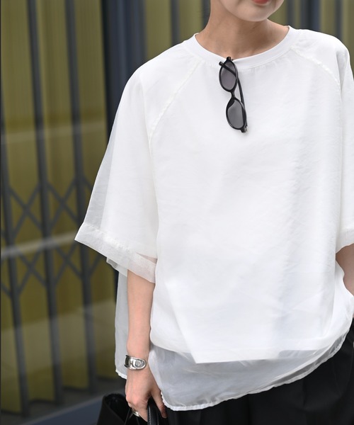 Marient（マリエント）の「[冷感]オーガンジーレイヤードハーフスリーブトップス（Tシャツ/カットソー・レディース・ブラック/ホワイト・FREE）」の14枚目の写真