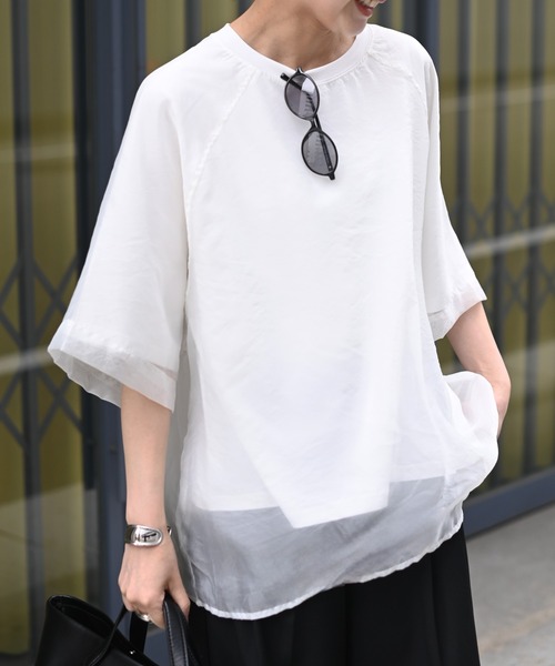 Marient（マリエント）の「[冷感]オーガンジーレイヤードハーフスリーブトップス（Tシャツ/カットソー・レディース・ブラック/ホワイト・FREE）」の18枚目の写真