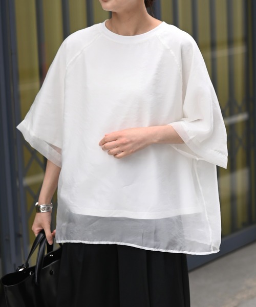 Marient（マリエント）の「[冷感]オーガンジーレイヤードハーフスリーブトップス（Tシャツ/カットソー・レディース・ブラック/ホワイト・FREE）」の8枚目の写真