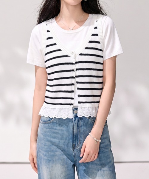 AMAJI(アマジ)の「レース切替 フェイクレイヤード 半袖Tシャツ(Tシャツ/カットソー・レディース・ホワイト/ライトブルー・FREE)」の1枚目の写真