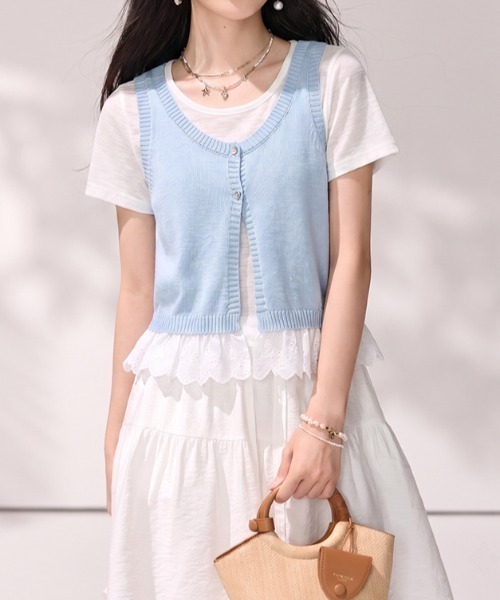 AMAJI(アマジ)の「レース切替 フェイクレイヤード 半袖Tシャツ(Tシャツ/カットソー・レディース・ホワイト/ライトブルー・FREE)」の2枚目の写真