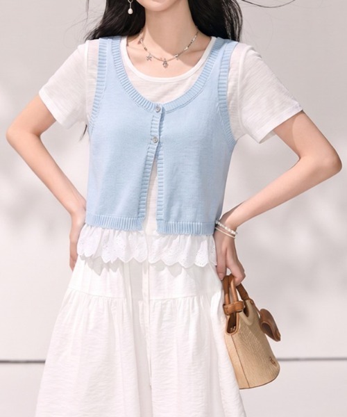AMAJI(アマジ)の「レース切替 フェイクレイヤード 半袖Tシャツ(Tシャツ/カットソー・レディース・ホワイト/ライトブルー・FREE)」の4枚目の写真