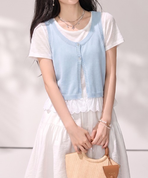 AMAJI(アマジ)の「レース切替 フェイクレイヤード 半袖Tシャツ(Tシャツ/カットソー・レディース・ホワイト/ライトブルー・FREE)」の5枚目の写真