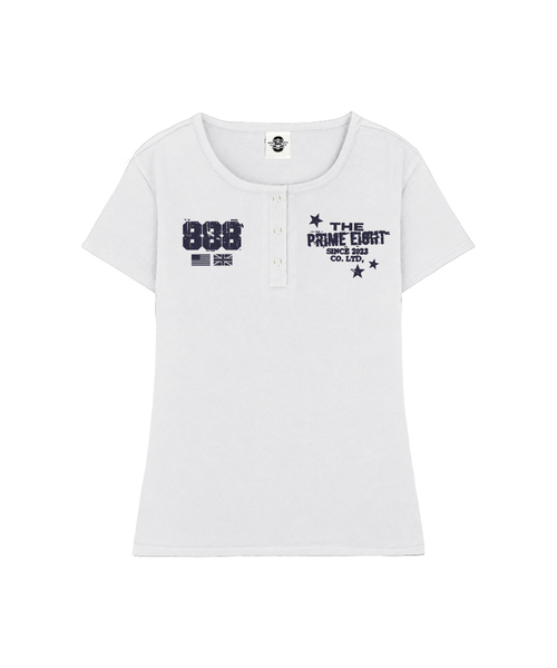PRIMATE(プライメイト)の「STAMP UネックスリムフィットボタンTシャツ 3 COLORS(Tシャツ/カットソー・レディース・ホワイト/ブラック/ネイビー・SMALL/MEDIUM)」の1枚目の写真