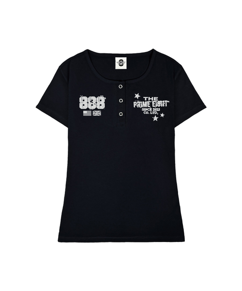 PRIMATE(プライメイト)の「STAMP UネックスリムフィットボタンTシャツ 3 COLORS(Tシャツ/カットソー・レディース・ホワイト/ブラック/ネイビー・SMALL/MEDIUM)」の2枚目の写真