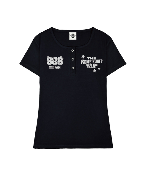 PRIMATE(プライメイト)の「STAMP UネックスリムフィットボタンTシャツ 3 COLORS(Tシャツ/カットソー・レディース・ホワイト/ブラック/ネイビー・SMALL/MEDIUM)」の4枚目の写真