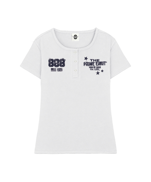 PRIMATE(プライメイト)の「STAMP UネックスリムフィットボタンTシャツ 3 COLORS(Tシャツ/カットソー・レディース・ホワイト/ブラック/ネイビー・SMALL/MEDIUM)」の5枚目の写真
