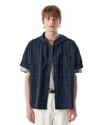 SECONDMONO（セカンドモノローグ）の「Roll-up Button Hooded Check Half Shirt [NAVY]_SESH013NAVY（シャツ/ブラウス）」