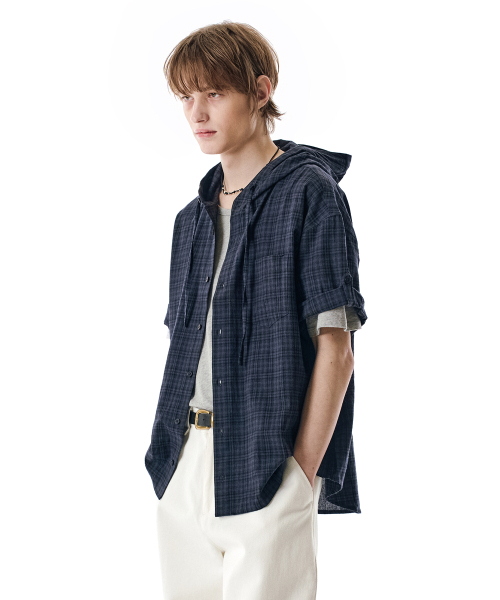 SECONDMONO（セカンドモノローグ）の「Roll-up Button Hooded Check Half Shirt [NAVY]_SESH013NAVY（シャツ/ブラウス・レディース・その他・MEDIUM/SMALL/LARGE/X-SMALL）」の10枚目の写真