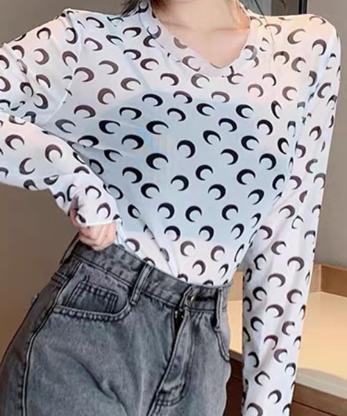 ampm(エーエムピーエム)の「シアートップス 月柄 ムーン柄 メッシュトップス シースルー チュールトップス(Tシャツ/カットソー・レディース・ホワイト/ブラック・FREE)」の17枚目の写真