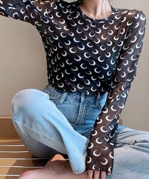 ampm(エーエムピーエム)の「シアートップス 月柄 ムーン柄 メッシュトップス シースルー チュールトップス(Tシャツ/カットソー・レディース・ホワイト/ブラック・FREE)」の6枚目の写真