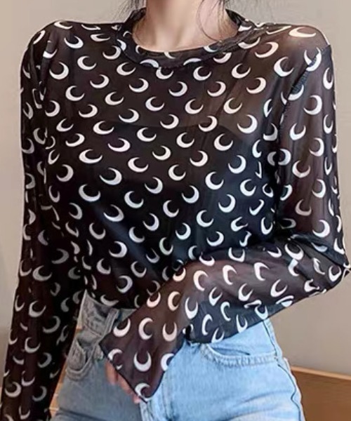 ampm(エーエムピーエム)の「シアートップス 月柄 ムーン柄 メッシュトップス シースルー チュールトップス(Tシャツ/カットソー・レディース・ホワイト/ブラック・FREE)」の7枚目の写真
