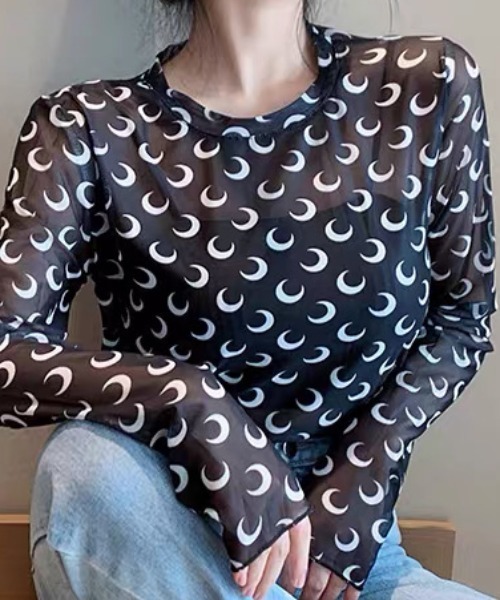 ampm(エーエムピーエム)の「シアートップス 月柄 ムーン柄 メッシュトップス シースルー チュールトップス(Tシャツ/カットソー・レディース・ホワイト/ブラック・FREE)」の10枚目の写真