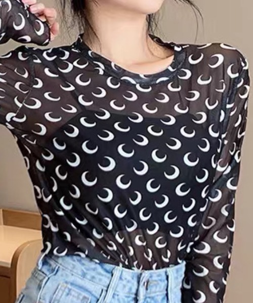 ampm(エーエムピーエム)の「シアートップス 月柄 ムーン柄 メッシュトップス シースルー チュールトップス(Tシャツ/カットソー・レディース・ホワイト/ブラック・FREE)」の9枚目の写真