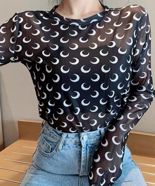 ampm(エーエムピーエム)の「シアートップス 月柄 ムーン柄 メッシュトップス シースルー チュールトップス(Tシャツ/カットソー・レディース・ホワイト/ブラック・FREE)」の8枚目の写真