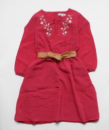 レースアップ花刺繍ベルト付ワンピース