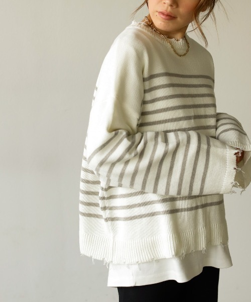 Auntie Rosa Holiday（アンティローザホリデー）の「ダメージパネルボーダーニット（ニット/セーター・レディース・ブラック/グレー/ホワイト・FREE）」の3枚目の写真