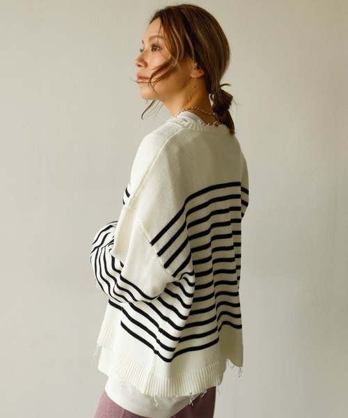 Auntie Rosa Holiday（アンティローザホリデー）の「ダメージパネルボーダーニット（ニット/セーター・レディース・ブラック/グレー/ホワイト・FREE）」の5枚目の写真