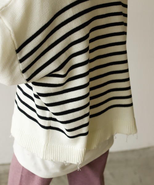 Auntie Rosa Holiday（アンティローザホリデー）の「ダメージパネルボーダーニット（ニット/セーター・レディース・ブラック/グレー/ホワイト・FREE）」の6枚目の写真