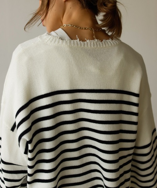 Auntie Rosa Holiday（アンティローザホリデー）の「ダメージパネルボーダーニット（ニット/セーター・レディース・ブラック/グレー/ホワイト・FREE）」の7枚目の写真