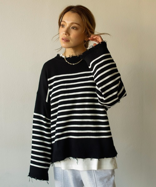 Auntie Rosa Holiday（アンティローザホリデー）の「ダメージパネルボーダーニット（ニット/セーター・レディース・ブラック/グレー/ホワイト・FREE）」の14枚目の写真