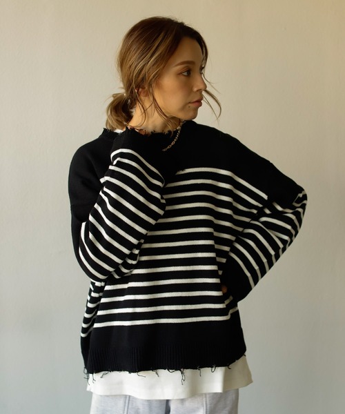 Auntie Rosa Holiday（アンティローザホリデー）の「ダメージパネルボーダーニット（ニット/セーター・レディース・ブラック/グレー/ホワイト・FREE）」の15枚目の写真