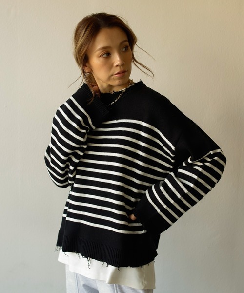 Auntie Rosa Holiday（アンティローザホリデー）の「ダメージパネルボーダーニット（ニット/セーター・レディース・ブラック/グレー/ホワイト・FREE）」の16枚目の写真