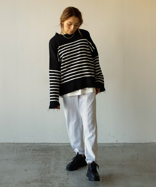 Auntie Rosa Holiday（アンティローザホリデー）の「ダメージパネルボーダーニット（ニット/セーター・レディース・ブラック/グレー/ホワイト・FREE）」の19枚目の写真