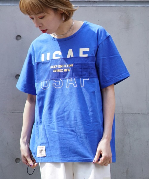 AVIREX(アヴィレックス)の「プリントコンビミリタリープルオーバー/ PRINT COMBI MILITARY PULLOVER(Tシャツ/カットソー・レディース・オフホワイト/ブルー/マスタード・FREE)」の3枚目の写真