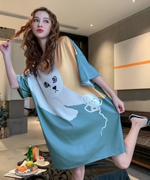 OSYAREVO | キャットプリント ビッグTワンピース ルームウェア(ルームワンピース)