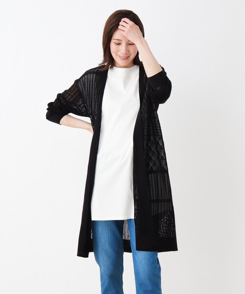 SHOO・LA・RUE（シューラルー）の「◆透かし柄ニットロングカーディガン（カーディガン/ボレロ・レディース・ブラック/ダークブラウン/オフホワイト・02/03/04）」の2枚目の写真