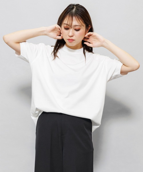 セール】プチハイネック綿100％半袖裾ラウンドTシャツ（Tシャツ