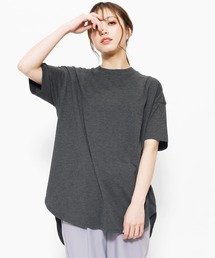 プチハイネック綿100%半袖裾ラウンドTシャツ