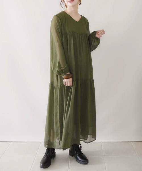 AMERICAN HOLIC（アメリカンホリック）の「【WEB限定】シフォン楊柳ティアードワンピース（ワンピース・レディース・ブラック/カーキ/マスタード・M/L）」の5枚目の写真