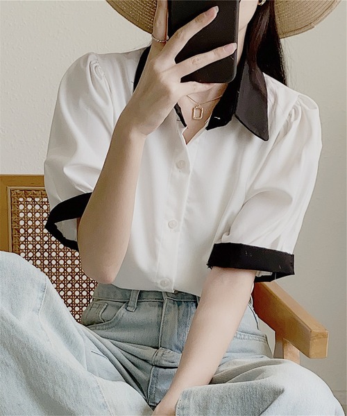 MAISON DE THERESE(メゾン ド テレーズ)の「ストライプ半袖シャツブラウス ビジネスシャツ(シャツ/ブラウス・レディース・ブルー/ブラック/ベージュ/グリーン/ピンク/モカ/ブラック系2/ホワイト系1/ホワイト/ブラック系1・L/M/S)」の3枚目の写真