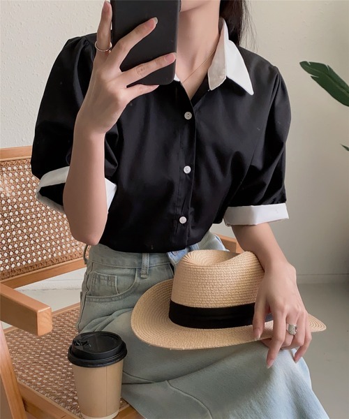 MAISON DE THERESE(メゾン ド テレーズ)の「ストライプ半袖シャツブラウス ビジネスシャツ(シャツ/ブラウス・レディース・ブルー/ブラック/ベージュ/グリーン/ピンク/モカ/ブラック系2/ホワイト系1/ホワイト/ブラック系1・L/M/S)」の4枚目の写真