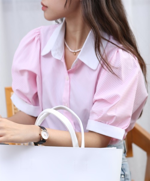 MAISON DE THERESE(メゾン ド テレーズ)の「ストライプ半袖シャツブラウス ビジネスシャツ(シャツ/ブラウス・レディース・ブルー/ブラック/ベージュ/グリーン/ピンク/モカ/ブラック系2/ホワイト系1/ホワイト/ブラック系1・L/M/S)」の10枚目の写真