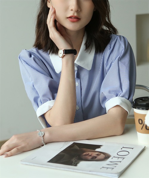 MAISON DE THERESE(メゾン ド テレーズ)の「ストライプ半袖シャツブラウス ビジネスシャツ(シャツ/ブラウス・レディース・ブルー/ブラック/ベージュ/グリーン/ピンク/モカ/ブラック系2/ホワイト系1/ホワイト/ブラック系1・L/M/S)」の9枚目の写真