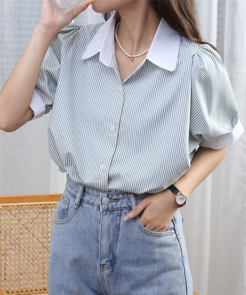 MAISON DE THERESE(メゾン ド テレーズ)の「ストライプ半袖シャツブラウス ビジネスシャツ(シャツ/ブラウス・レディース・ブルー/ブラック/ベージュ/グリーン/ピンク/モカ/ブラック系2/ホワイト系1/ホワイト/ブラック系1・L/M/S)」の8枚目の写真