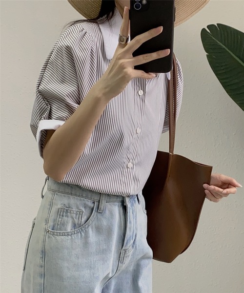 MAISON DE THERESE(メゾン ド テレーズ)の「ストライプ半袖シャツブラウス ビジネスシャツ(シャツ/ブラウス・レディース・ブルー/ブラック/ベージュ/グリーン/ピンク/モカ/ブラック系2/ホワイト系1/ホワイト/ブラック系1・L/M/S)」の12枚目の写真