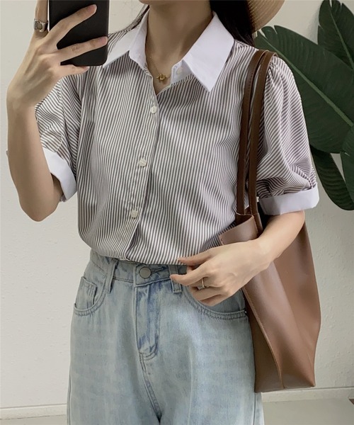 MAISON DE THERESE(メゾン ド テレーズ)の「ストライプ半袖シャツブラウス ビジネスシャツ(シャツ/ブラウス・レディース・ブルー/ブラック/ベージュ/グリーン/ピンク/モカ/ブラック系2/ホワイト系1/ホワイト/ブラック系1・L/M/S)」の13枚目の写真