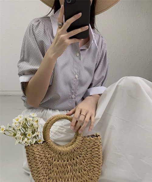 MAISON DE THERESE(メゾン ド テレーズ)の「ストライプ半袖シャツブラウス ビジネスシャツ(シャツ/ブラウス・レディース・ブルー/ブラック/ベージュ/グリーン/ピンク/モカ/ブラック系2/ホワイト系1/ホワイト/ブラック系1・L/M/S)」の14枚目の写真