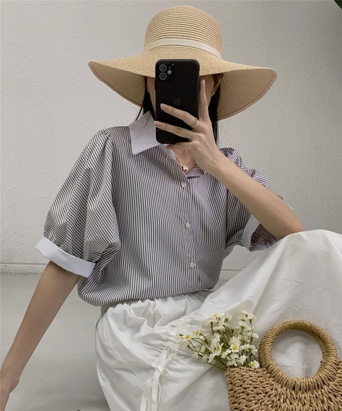 MAISON DE THERESE(メゾン ド テレーズ)の「ストライプ半袖シャツブラウス ビジネスシャツ(シャツ/ブラウス・レディース・ブルー/ブラック/ベージュ/グリーン/ピンク/モカ/ブラック系2/ホワイト系1/ホワイト/ブラック系1・L/M/S)」の15枚目の写真