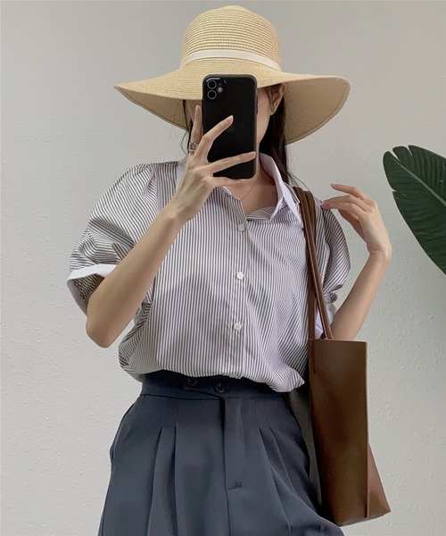 MAISON DE THERESE(メゾン ド テレーズ)の「ストライプ半袖シャツブラウス ビジネスシャツ(シャツ/ブラウス・レディース・ブルー/ブラック/ベージュ/グリーン/ピンク/モカ/ブラック系2/ホワイト系1/ホワイト/ブラック系1・L/M/S)」の16枚目の写真