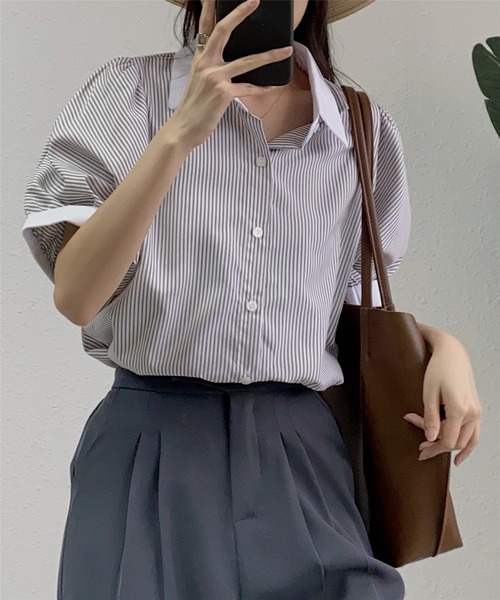 MAISON DE THERESE(メゾン ド テレーズ)の「ストライプ半袖シャツブラウス ビジネスシャツ(シャツ/ブラウス・レディース・ブルー/ブラック/ベージュ/グリーン/ピンク/モカ/ブラック系2/ホワイト系1/ホワイト/ブラック系1・L/M/S)」の17枚目の写真