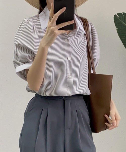 MAISON DE THERESE(メゾン ド テレーズ)の「ストライプ半袖シャツブラウス ビジネスシャツ(シャツ/ブラウス・レディース・ブルー/ブラック/ベージュ/グリーン/ピンク/モカ/ブラック系2/ホワイト系1/ホワイト/ブラック系1・L/M/S)」の18枚目の写真