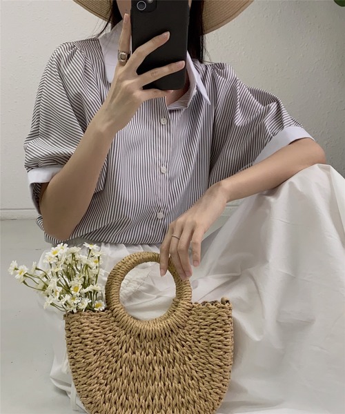 MAISON DE THERESE(メゾン ド テレーズ)の「ストライプ半袖シャツブラウス ビジネスシャツ(シャツ/ブラウス・レディース・ブルー/ブラック/ベージュ/グリーン/ピンク/モカ/ブラック系2/ホワイト系1/ホワイト/ブラック系1・L/M/S)」の19枚目の写真